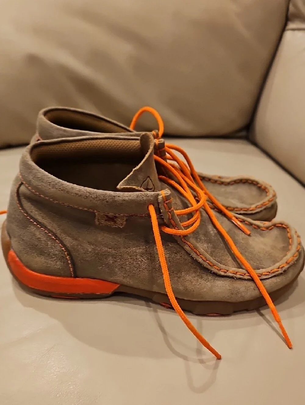 Twisted X Brown Suede Kids Moccasins with Orange Laces